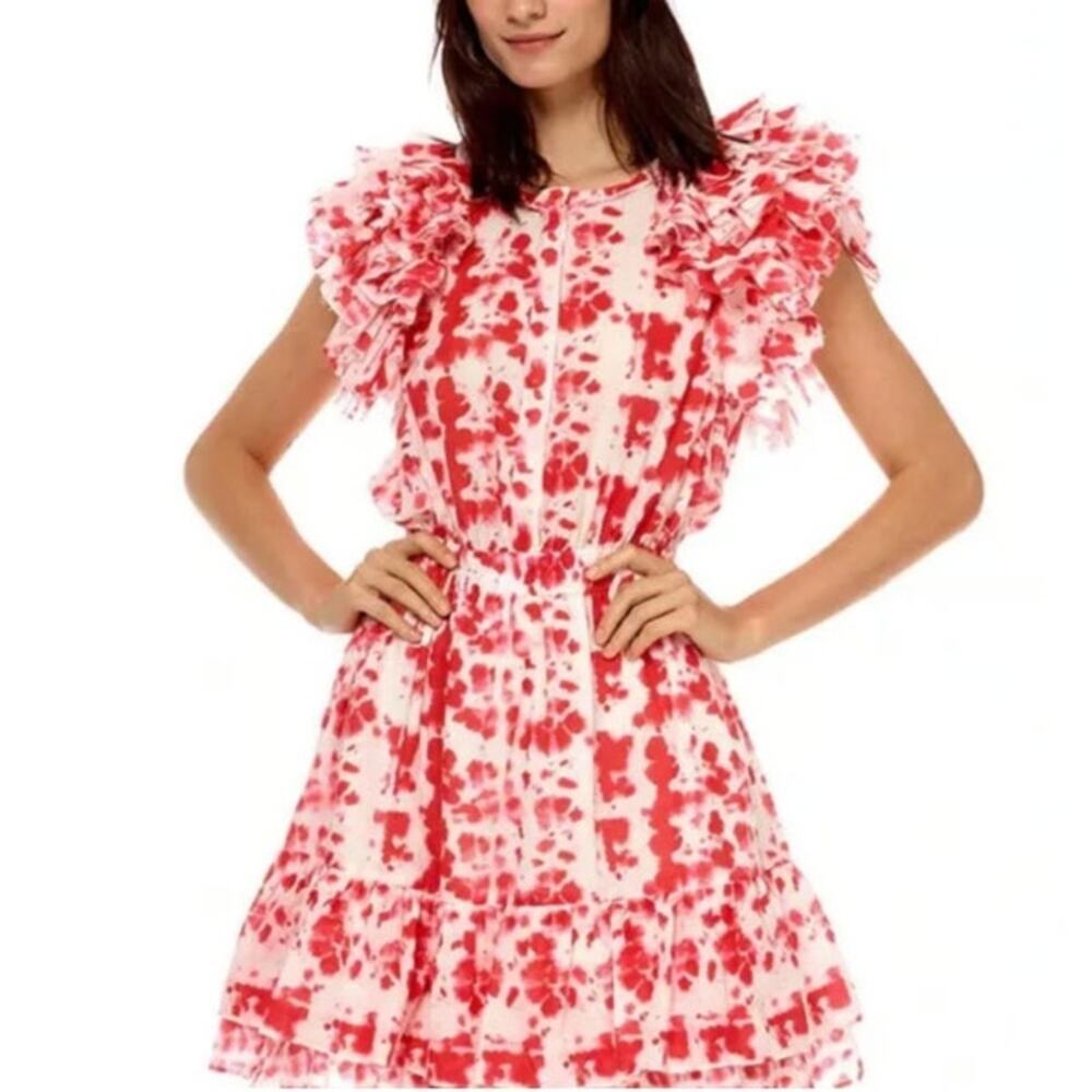 Stellah Red White Cotton Tie Dye Ruffle Tiered Summer Resort Mini Dress S